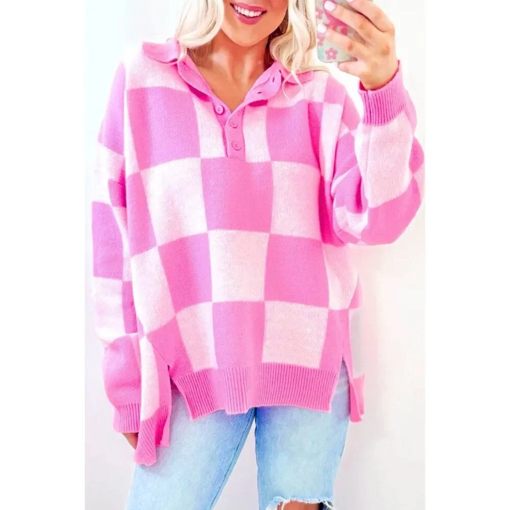 Pink Checkerboard Half Button Collared Drop Shoulder Sweater - Picture 1 of 5
